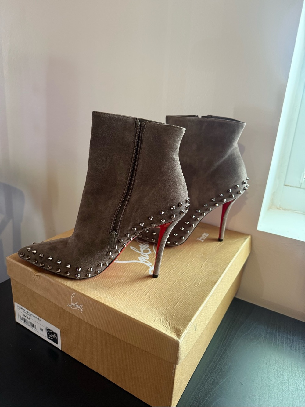 Christian Louboutin Gray Suede Studded Ankle Boots with Red Sole - Picture 4 of 11